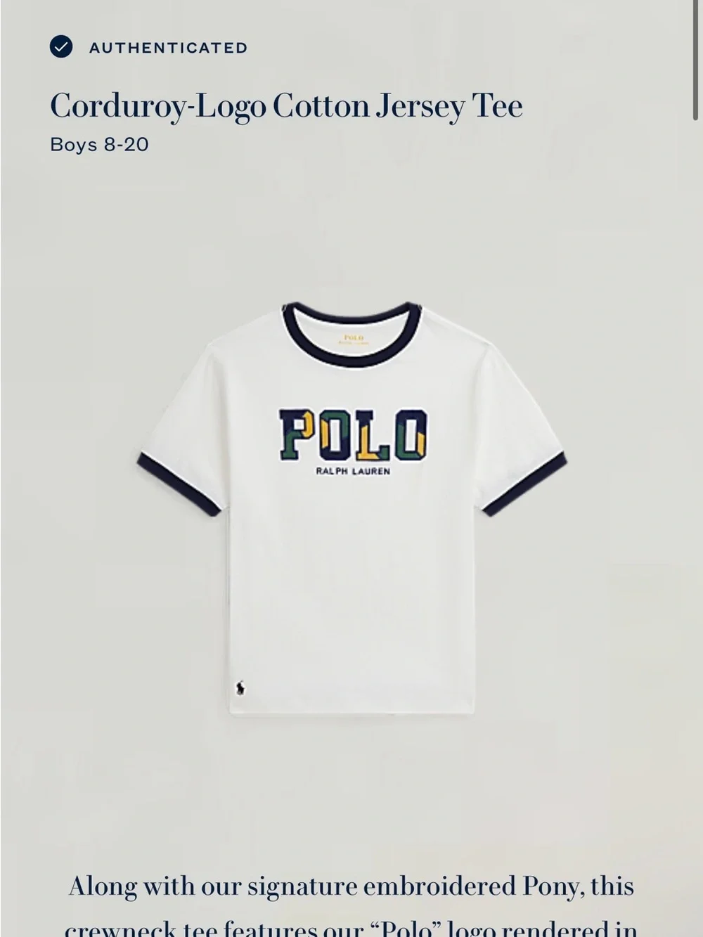 Ralph Lauren White Ringer Tee with Navy Trim and Multicolor Embroidered POLO